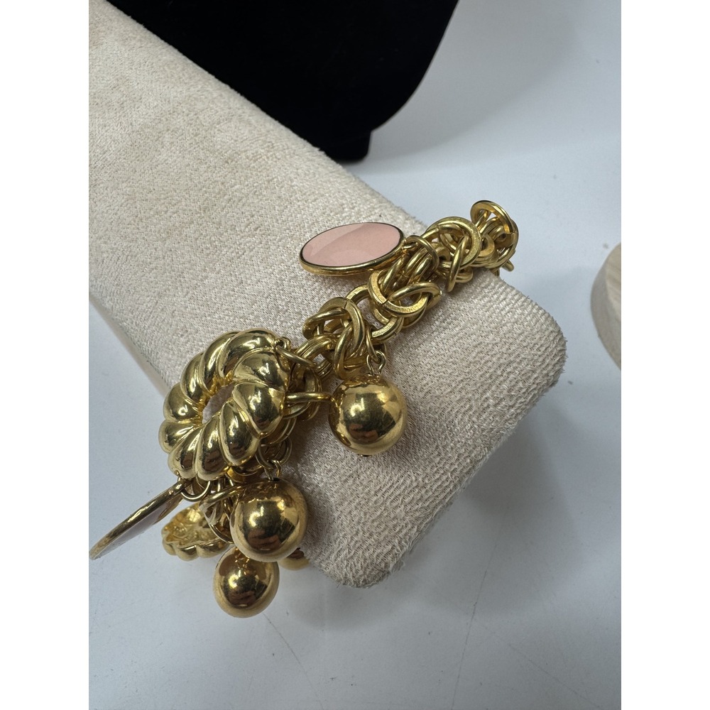 Vintage Gold Tone Chunky Charm Bracelet Blush Pink Enamel Rosette Toggle 8 Inch